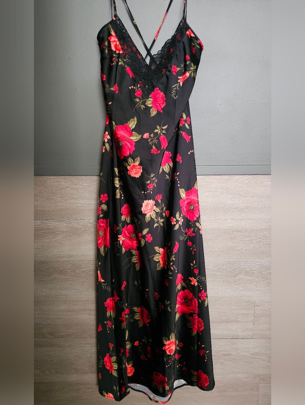 Black Floral Slip Dress with Red Rose Print
